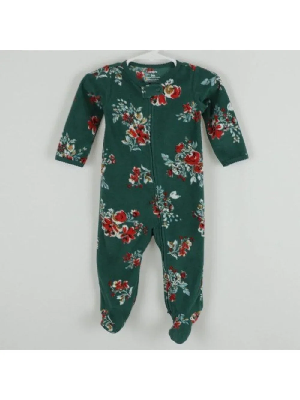 Carter's Infant Size 9 Months Green Red Floral Fleece Full Zip Footie Pajamas
